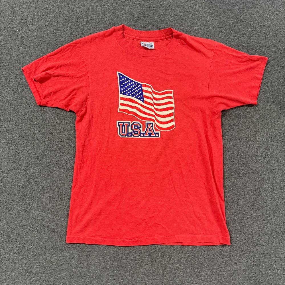 Vintage Hanes T-Shirt Mens M Red Good USA Flag Graphic Single Stitch 80s 90s